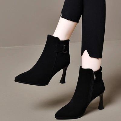 Модная осенняя новинка, остроносые, боковая молния, металлическая пряжка ремня, противоскользящие, износостойкие, шпилька, короткие