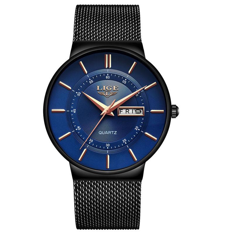 LIGE Mens Quartz Watch Dual Calendar Three-Hand Movement Ultra-Thin Waterproof Mesh Band Wristwatch Day Date Silver