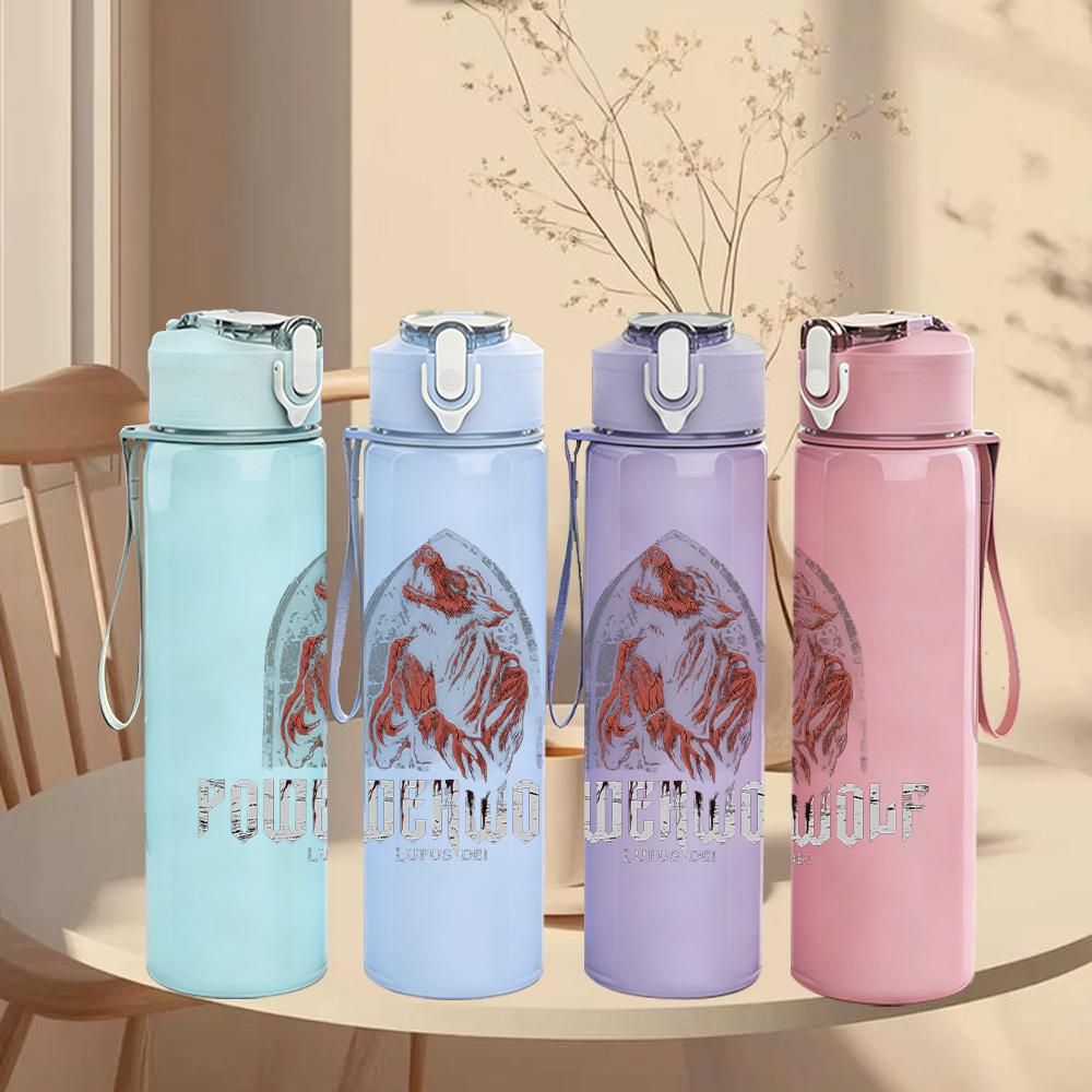1PC Powerwolf Band Vintage Grunge Print 750ml colorful plastic sports water bottle leakproof pop up lid with straw for outdoor work home use