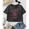 New York Manhattan Cocktail Louges Print Women Washed T-Shirt Crop Tee Shirt Crewneck Soft Clothing Cotton T Shirts