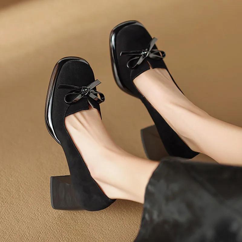 Новые туфли на высоком каблуке женские роскошные коричневые черные замшевые туфли на каблуках модные туфли на платформе с квадратным каблуком туфли Мэри Джейн с квадратным носком и мелким бантом