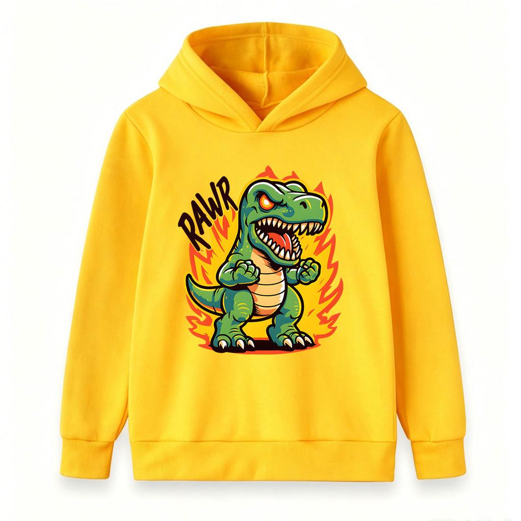 Kids Boys Girls Crewneck Hoodie Sweatshirt, Cool Angry T-Rex Dinosaur Printed Pullover Top with Fire Rawr Pattern, Casual Soft Long Sleeve Pullover