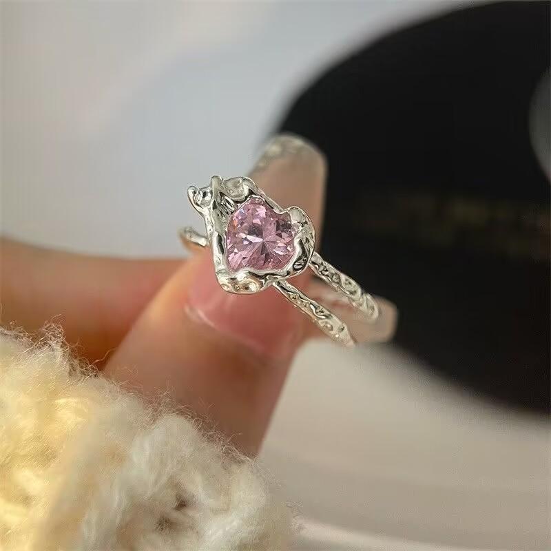 Trend Pink Love Heart Rings for Women Zircon Open Ring Irregular Rings Jewelry