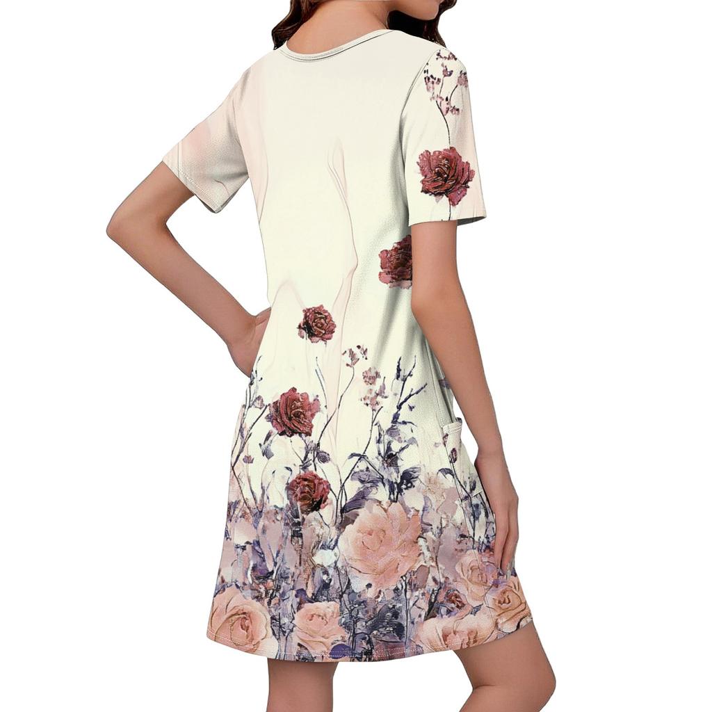 Женское повседневное и модное платье средней длины с V-образным вырезом и коротким рукавом с принтом