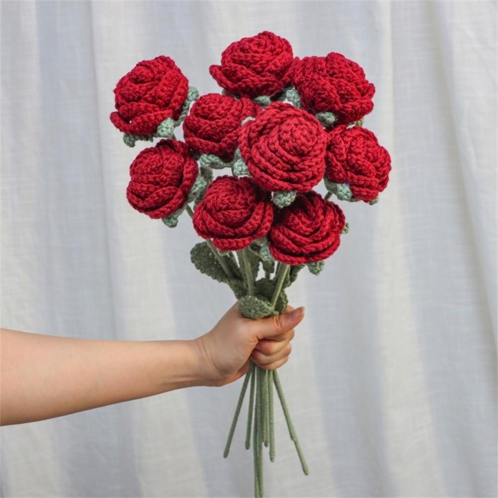 1/5/9pcs Hand Knitted Fake Rose Flowers Crochet Woven Rose Flower Bouquet Mother's Day