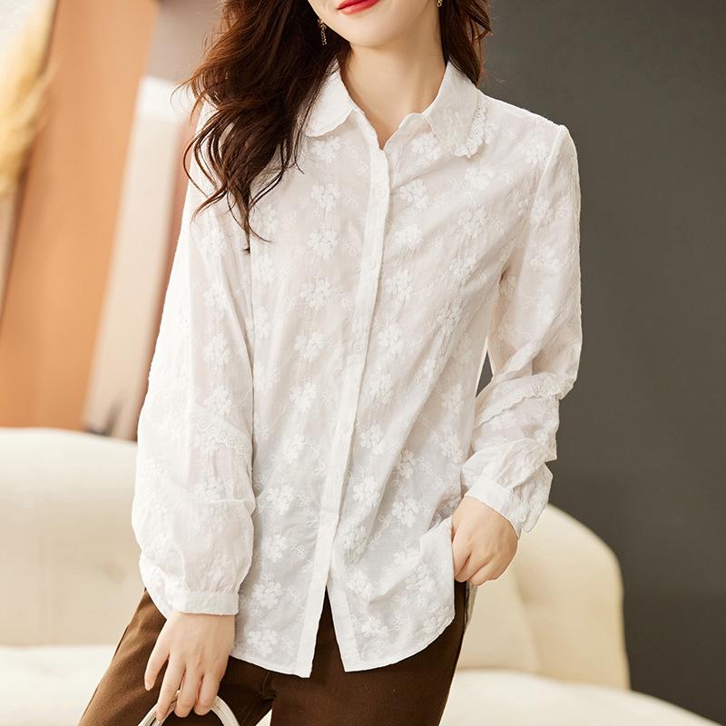 Embroidered White Shirt for Women Long-sleeved Spring Clothes New Sweet Temperament Base Shirt Top