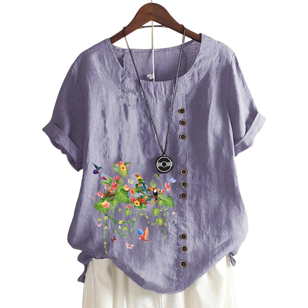 Fashionable Women's Cotton Short Sleeve Top with 11 Colorful Floral Prints and Round Neck