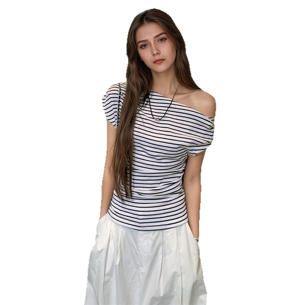 Женская летняя футболка Spice Girls в полоску с косым вырезом и короткими рукавами, облегающая, с открытыми плечами