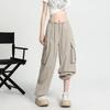 Women Casual Cargo Pants Drawstring Wide Leg Solid High Waist Streetwear Overalls Lightweight Loose Trousers for Daily Club Outdoor Jogging