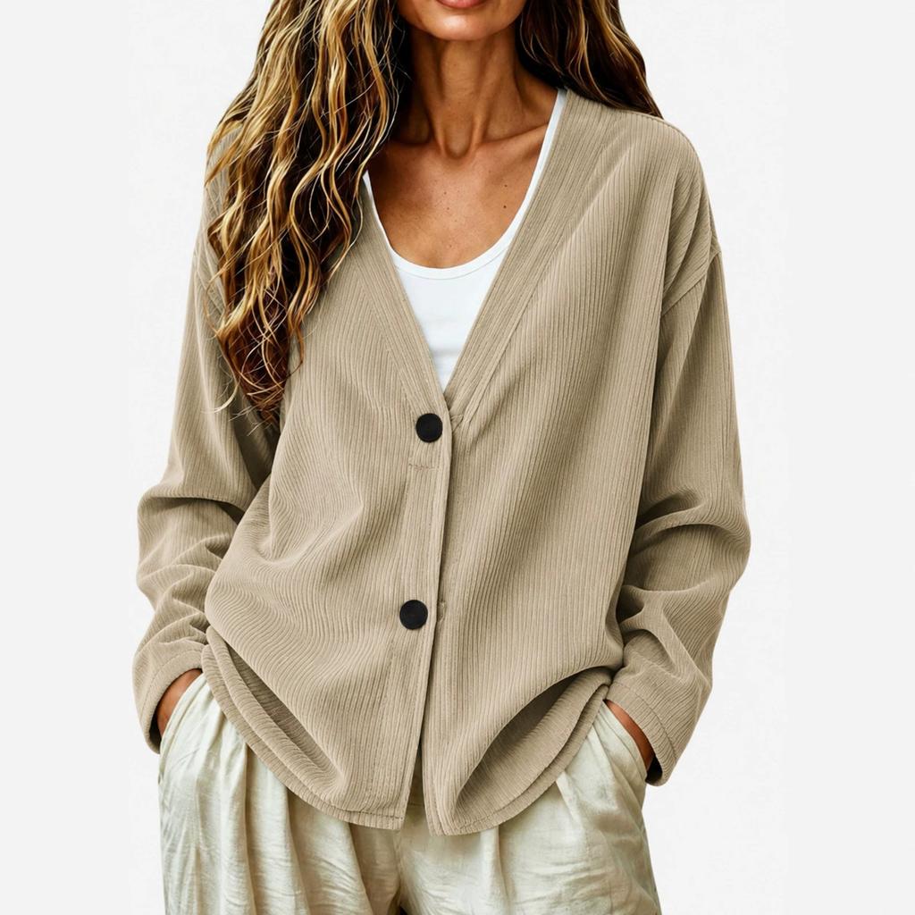 2026 cross-border autumn European and American new women's clothing loose V-neck corduroy knitted cardigan long-sleeved casual jacket women