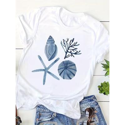 Unisexs Coastal Beach Tshirt Blue Watercolor Seashell Starfish Print Casual Crew Neck Short Sleeve Tee For Daily Wear