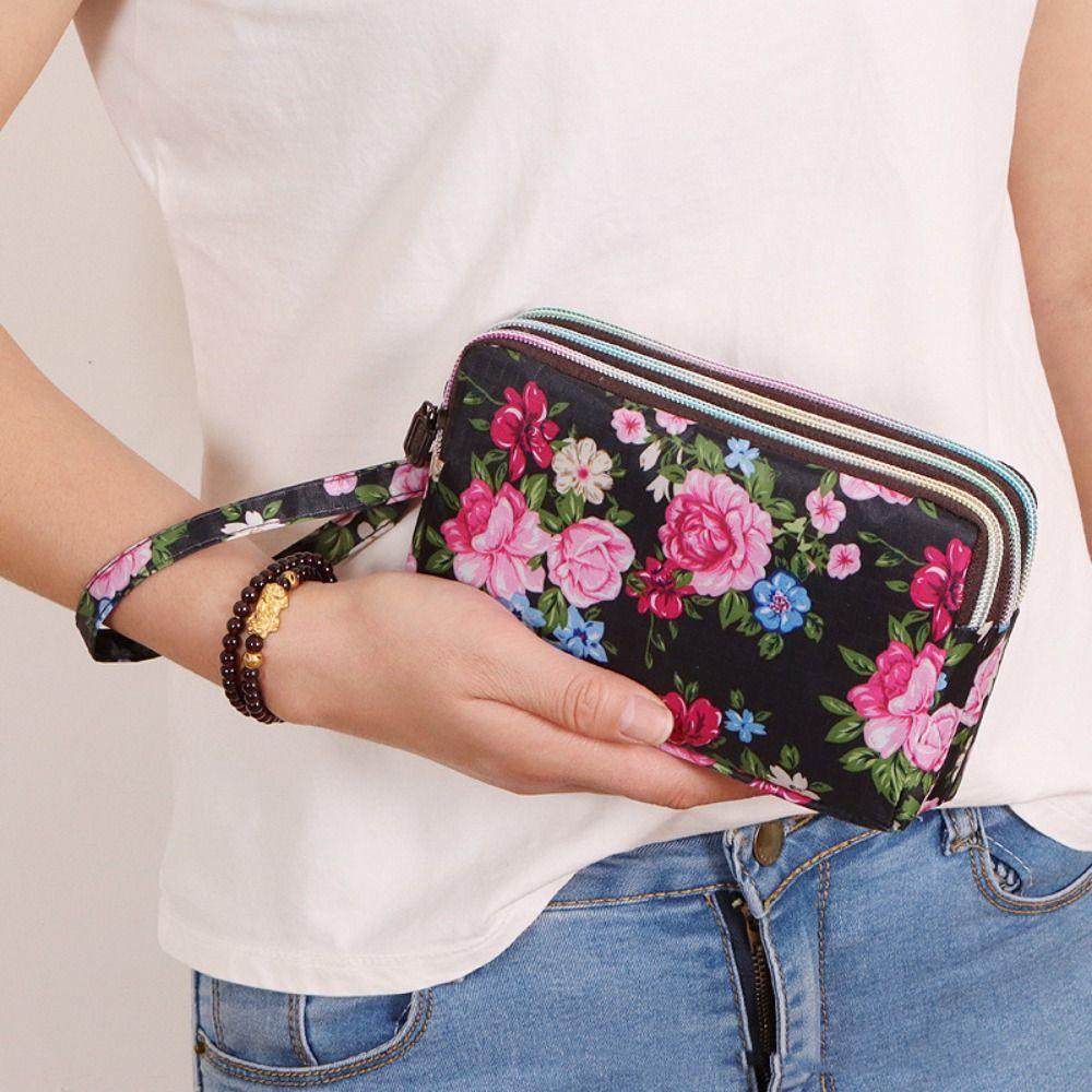 Waterproof Canvas Wallet Print Three Zippers Bags Simple Flower Coin Purse Ladies