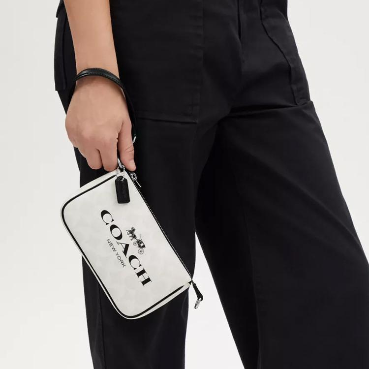 Coach Nolita 19 Классическая Монограмма Застежка-молния Холст и Гладкая Кожа Сумка через плечо Женская сумка через плечо Черный Белый CP252-SVCAH