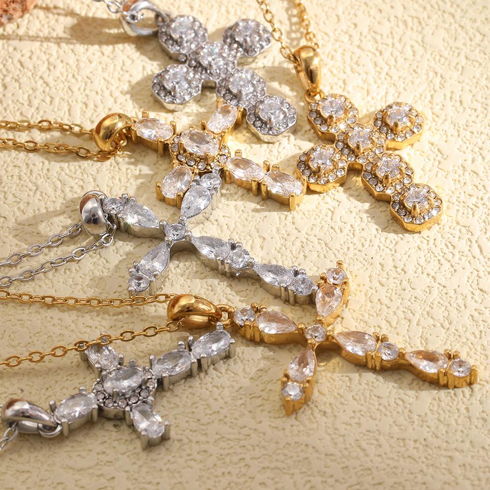European and American Retro Pendant Stainless Steel Plated with 18K Gold Water Droplets Light Luxury Zircon Cross Necklace