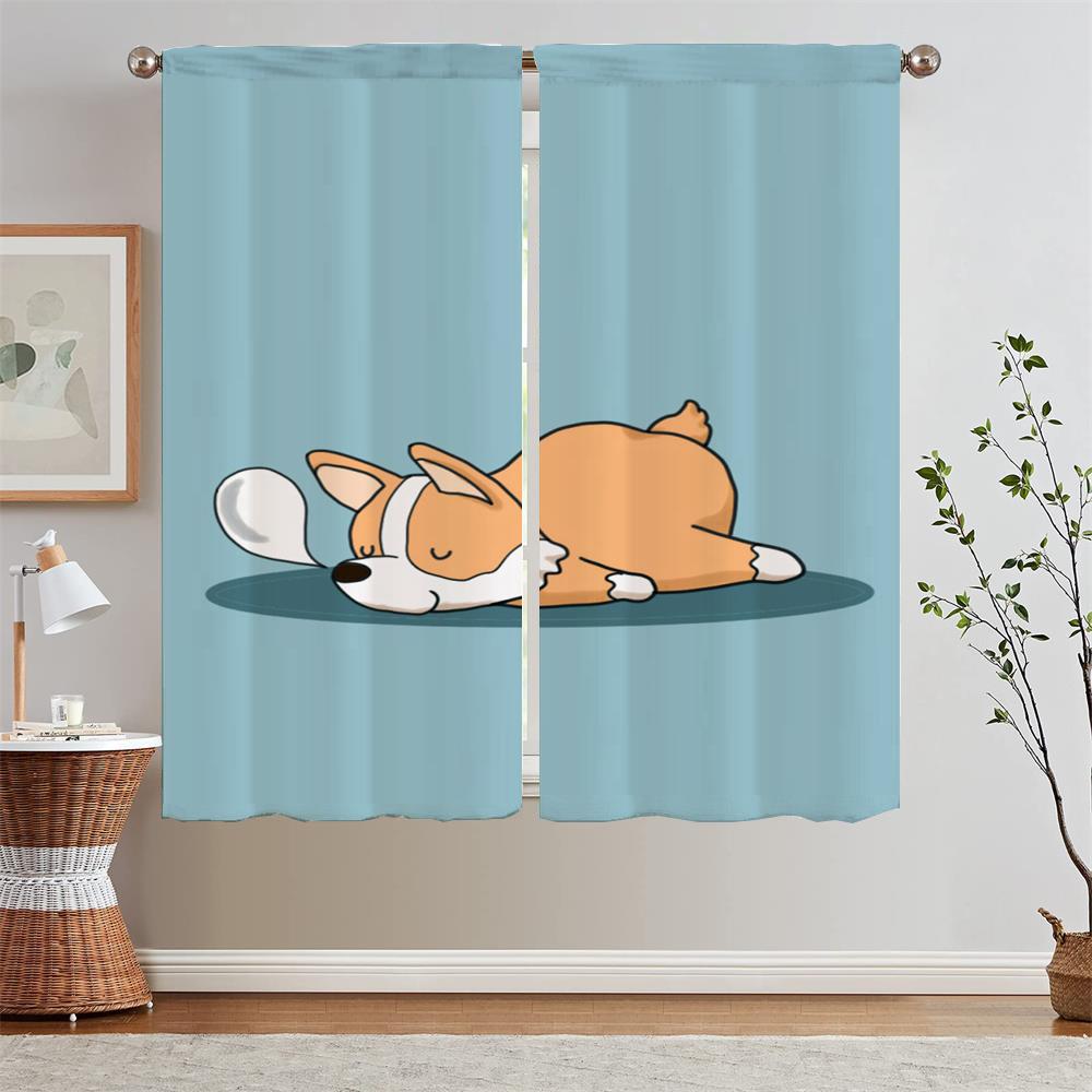 Corgi Butt Tulle In Kitchen Curtains for Living Room Blinds Bedroom Curtains 2 Pieces Fabric Curtain Tiebacks Curls Tentacles
