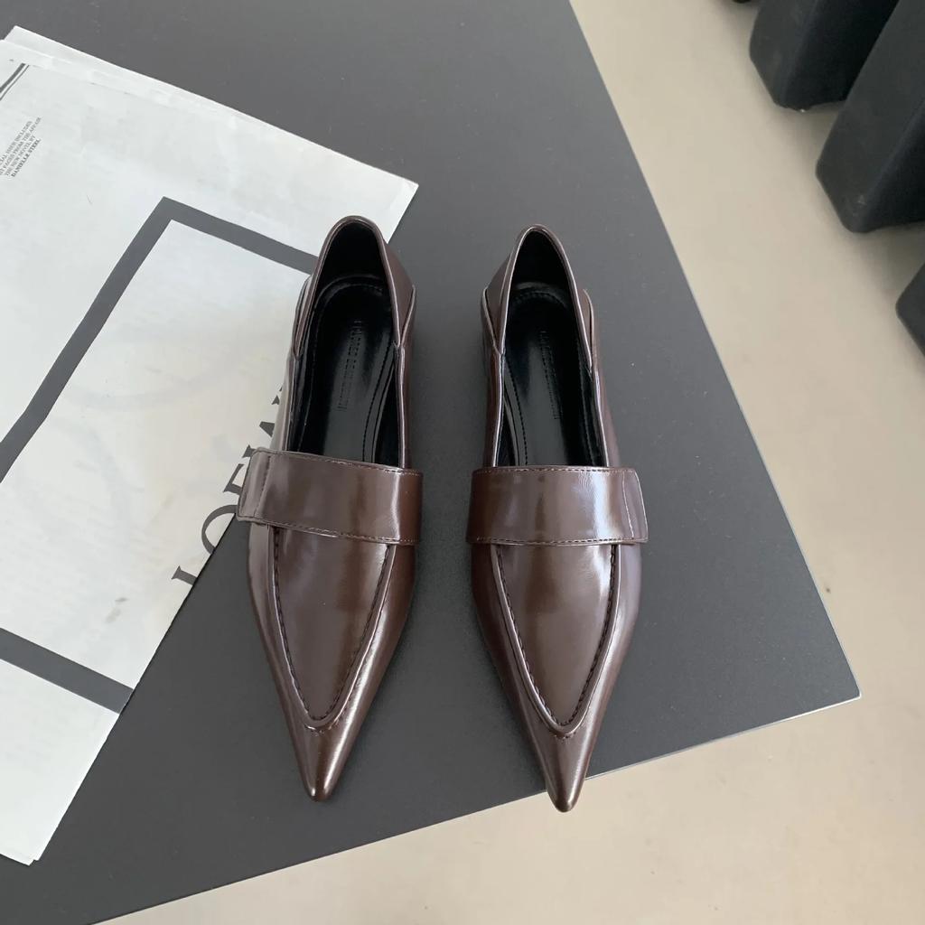 2024 Новые женские балетки с острым носком, туфли-лодочки, повседневные лоферы, весна-осень, однотонные мокасины на толстом низком каблуке