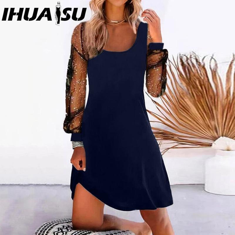 IHUASU Женская мода весна осень однотонный принт длинный рукав U-образный вырез высокая талия повседневные платья