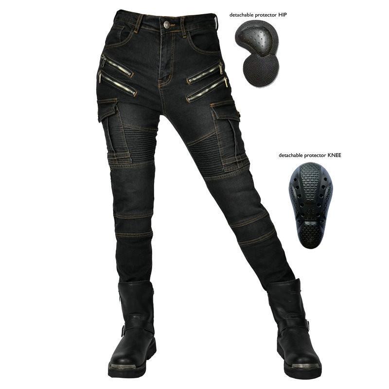 Womens Motorcycle Riding Jeans With Adjustable Knee Pads Protective Biker Pants Cycling