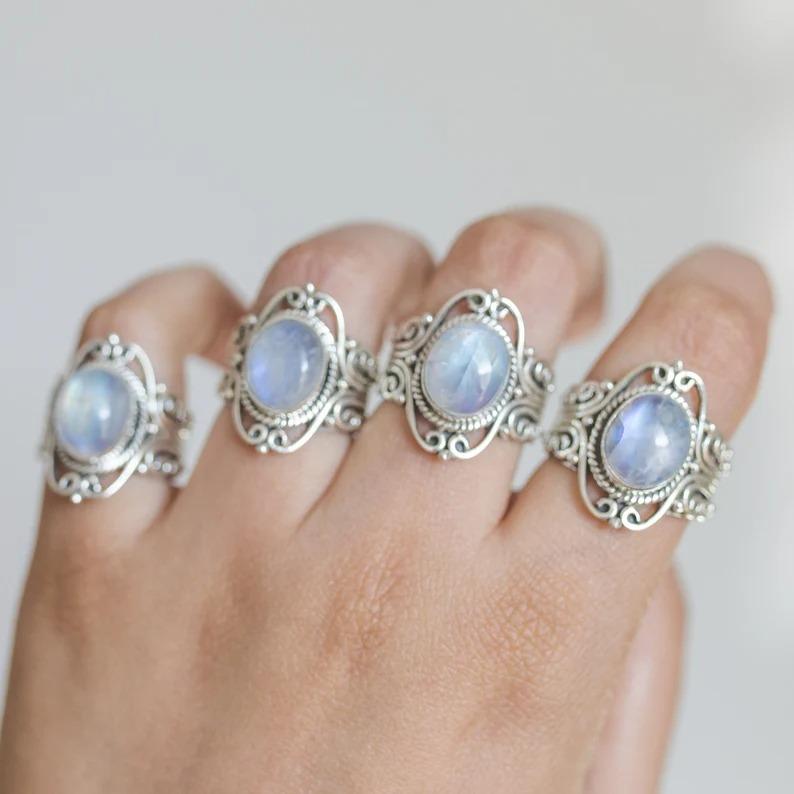 Rainbow Moonstone Gemstone Ring, Solid 925 Sterling Silver Ring, Handmade Designer Ring, Wedding Ring, Boho Jewelry
