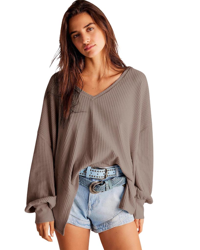 Azura Exchange Кофейная вафельная блузка с V-образным вырезом, длинными рукавами и заниженной линией плеч