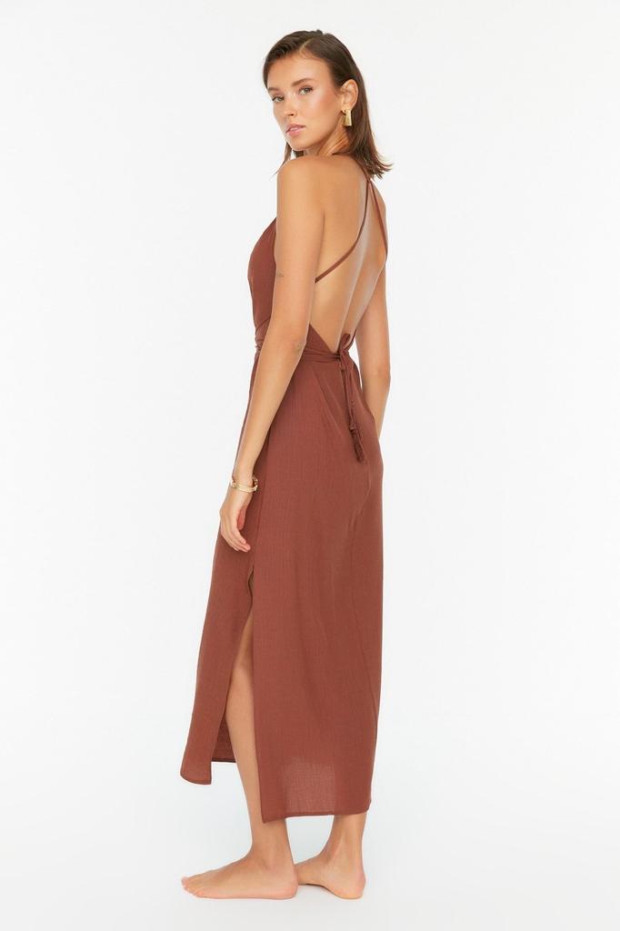 Женское стильное платье Черное тканое пляжное платье миди с открытой спиной