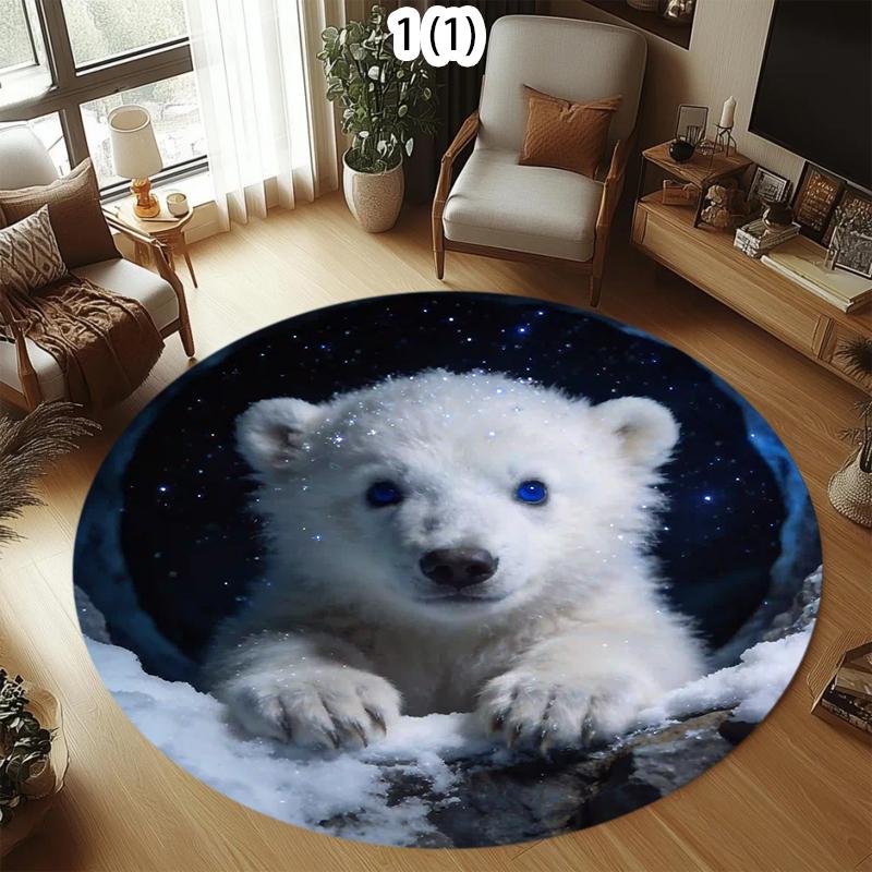 2D Cute Polar Bear Round Carpet Realistic Hole Abyss Floor Mat Creative Decorative Area Rug for Living Room Bedroom Home Decor