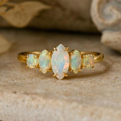 Кольцо с опалом огранки «маркиза» и круглым – Позолоченное желтым золотом серебро 925 пробы, обручальное свадебное кольцо – украшение с камнем-талисманом октября, подарок для нее