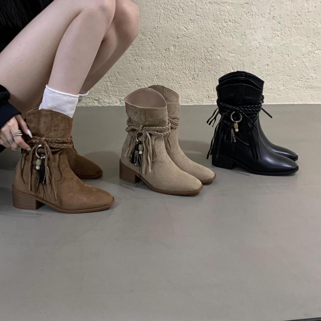 2025 осень и зима новые женские ботинки на толстом каблуке с кисточками, квадратный носок, внутренняя платформа, ковбойские ботинки в западном стиле, высокий каблук, рыцарские ботинки средней высоты