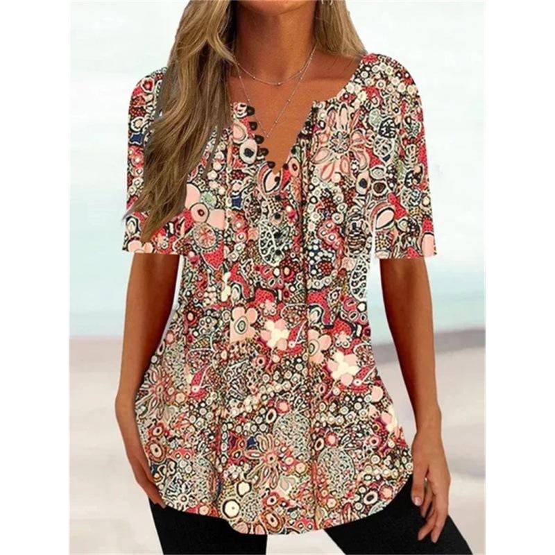 Trendy And Cool Women's Summer Loose V-neck Pullover Short-sleeved Button Printed T-shirt