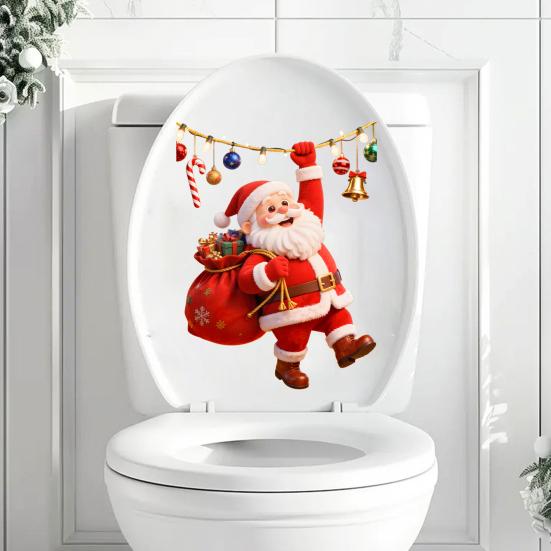 Waterproof PVC Bathroom Decor Cartoon Santa Claus Toilet Seat Sticker, Christmas & Colorful Decorative Cover Lights Decal, Removable Lid Sticker