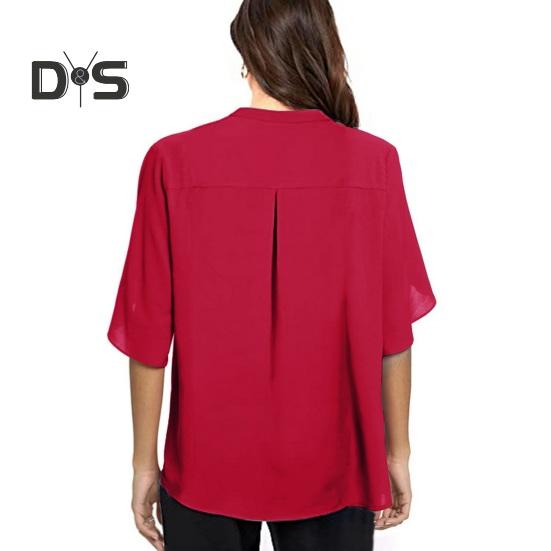 Women Tops V-Neck Button Decor Half Sleeve Chiffon Blouse Solid Color Loose Fit Breathable Shirt Tops Daily Wear