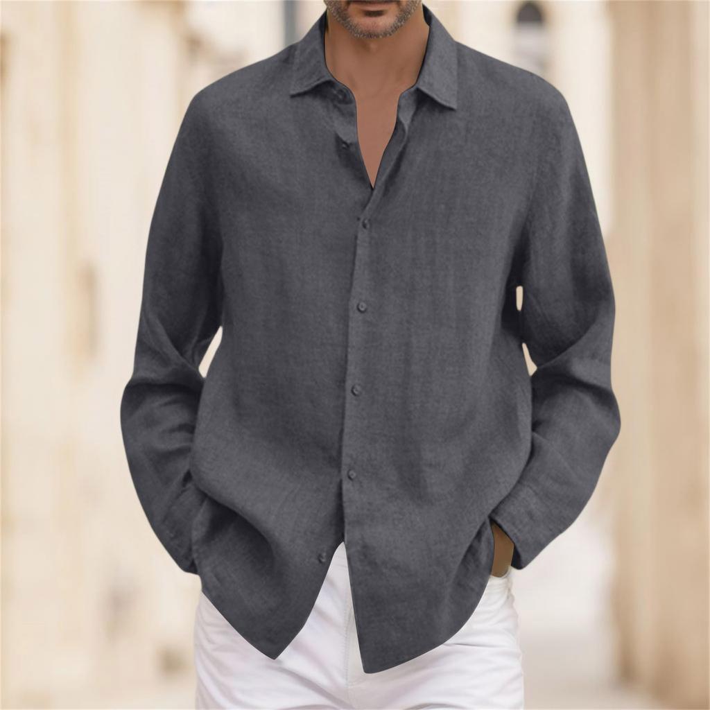 A Man In A Four-season Cotton And Linen Long-sleeved, Lapel, Loose Button Cotton And Linen Cardigan Shirt