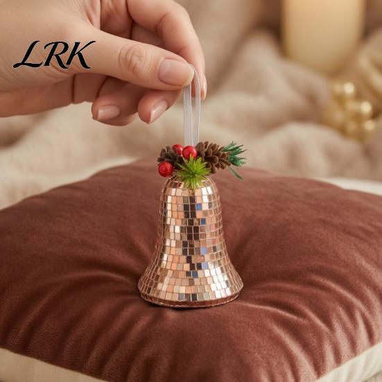 Mirror Tiles Bell Decorations Christmas Disco Decoration, Reflective Xmas Hanging Ornament, Decorative Bells with Berries Tree Pendant for Holiday