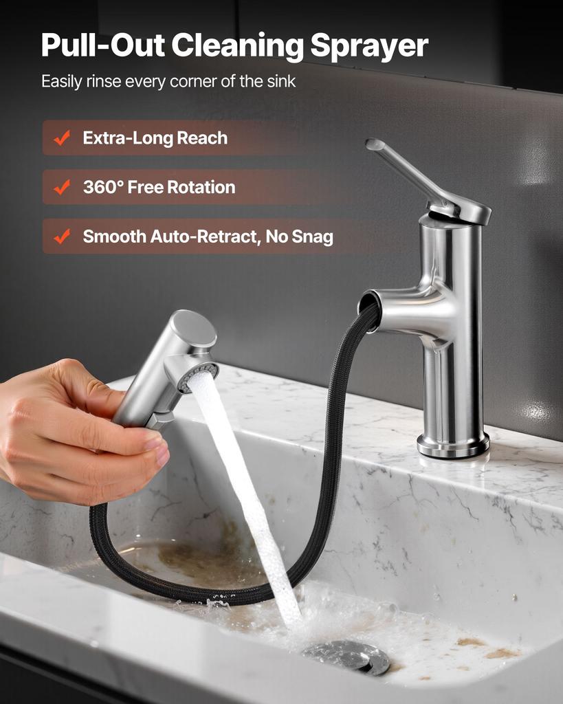VEVOR Single Handle Sink Faucet, Single Handle Pull Out Faucet 1 or 3 Hole, Brushed Nickel Stainless Steel Sink Faucets with Push-Button Switch
