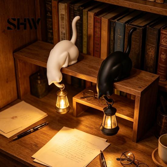 Playful Home Organizing Tools 3D Printed Cat Shelf Sitter with Lantern, Whimsical Figurine Hook for Handmade Style Wall Decor Keys, Decorative