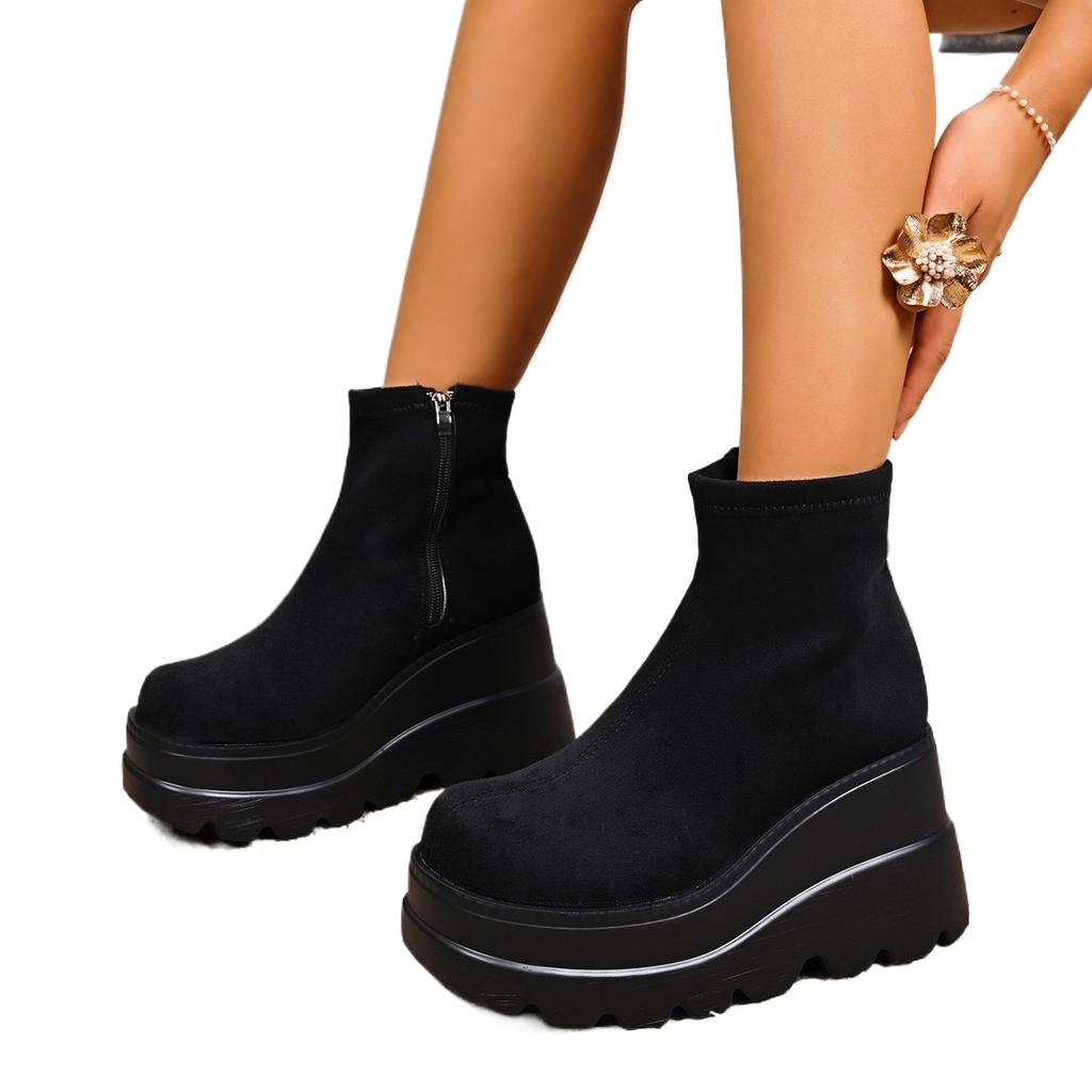 Fashion Fall Winter High Platform Boots Women Stretch Fabric Wedges Ankle Boots Women Punk Style Party Goth Shoes Woman Big Size 43