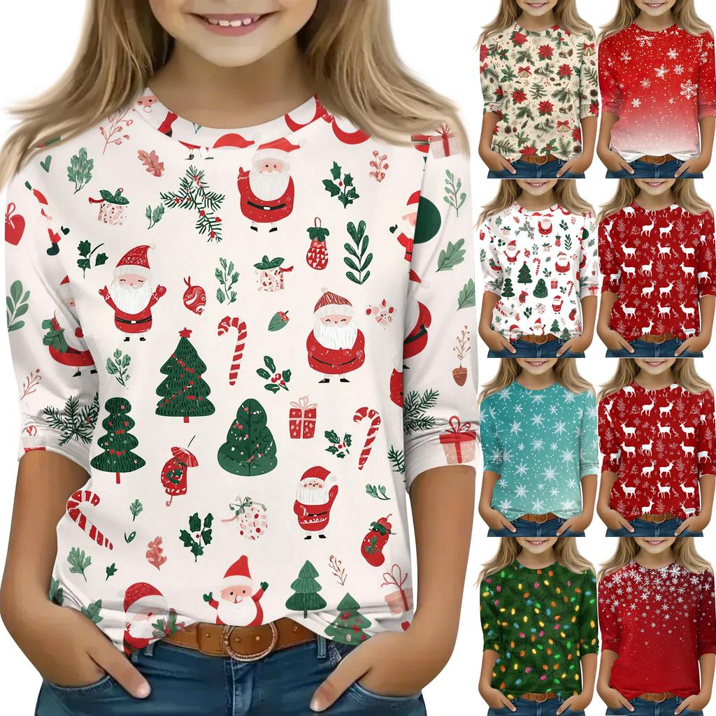 Children's 3/4 Sleeve Tops Casual Christmas Print T Shirt Round Neck Pullover Blouse