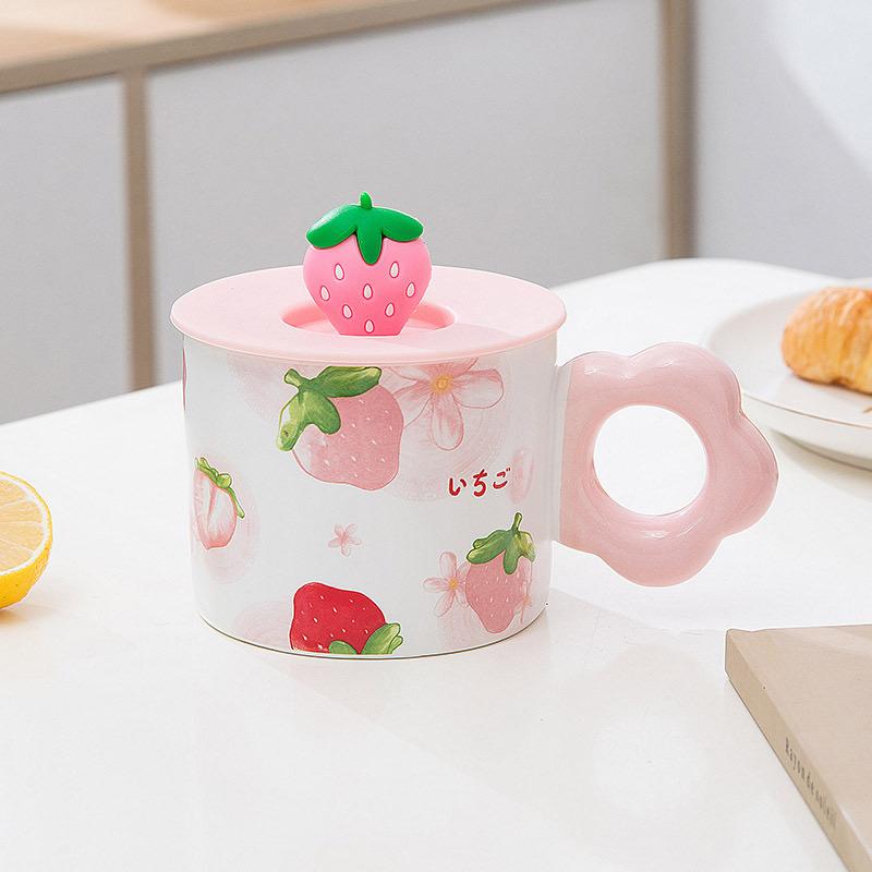 Милая керамическая чашка 'Сердце девушки' с крышкой и ложкой, кружка, клубника, большая емкость, креативная домашняя, для завтрака, кофейные чашки