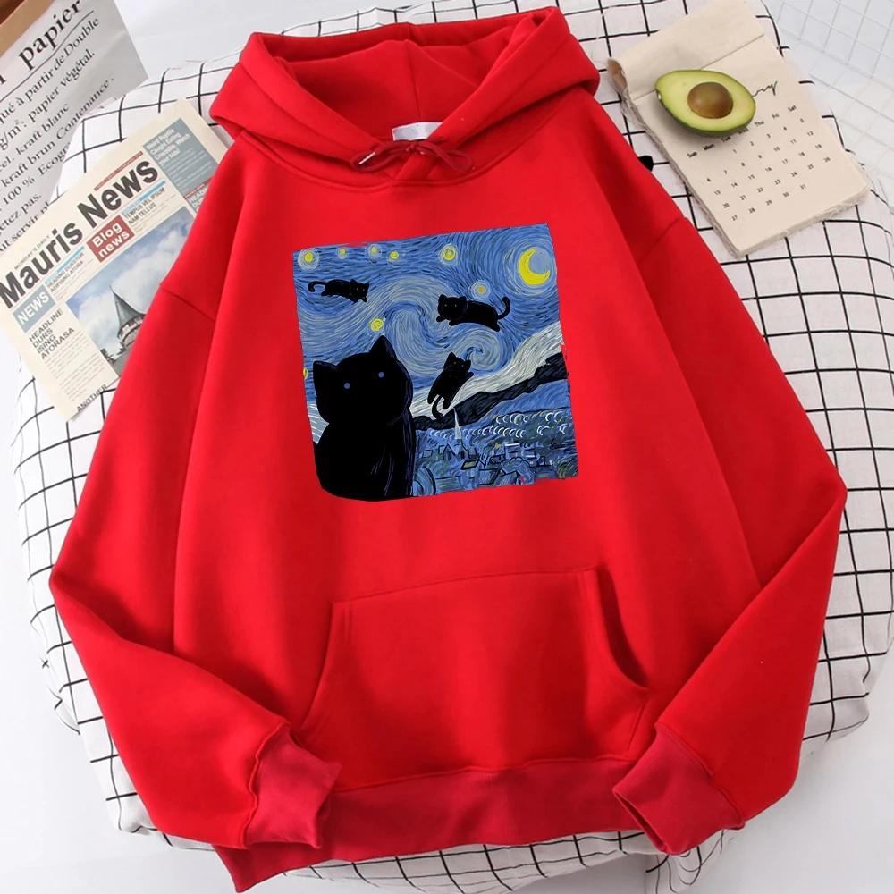 2025  The Starry Cat Night Printing Hoodies Men Autumn Oversize Hoodie Fashion Fleece Sweatshirts Casual S-Xxl Pullover Tops