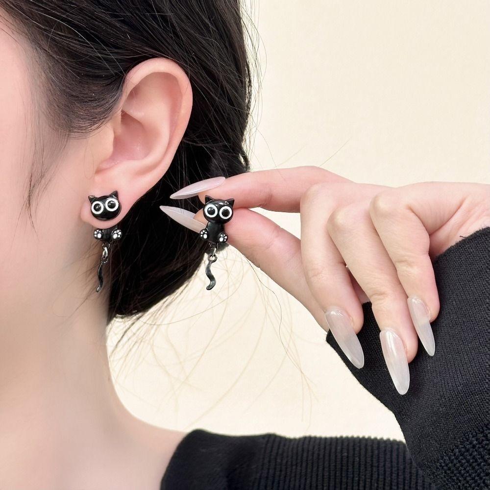 Sweet Black Cat Drop Earrings Alloy Light Luxury Earrings Black Kitten Earrings For Girl Women