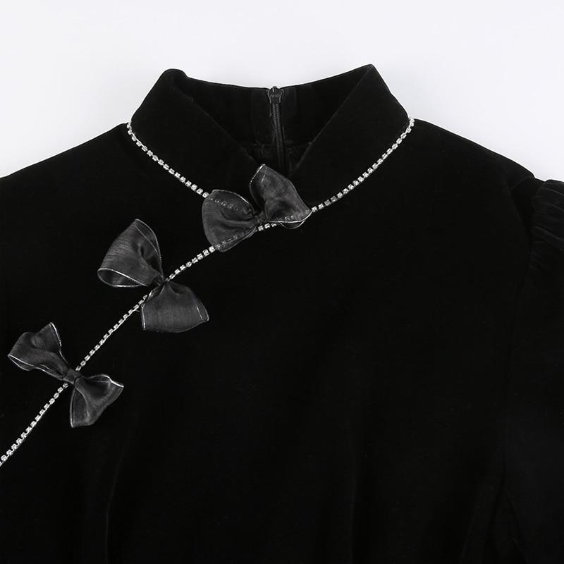 Cheongsam Darlingaga винтажное элегантное готическое велюровое черное платье с темным бантом осень-зима в китайском стиле плиссированные платья вечерние одежда с бриллиантами