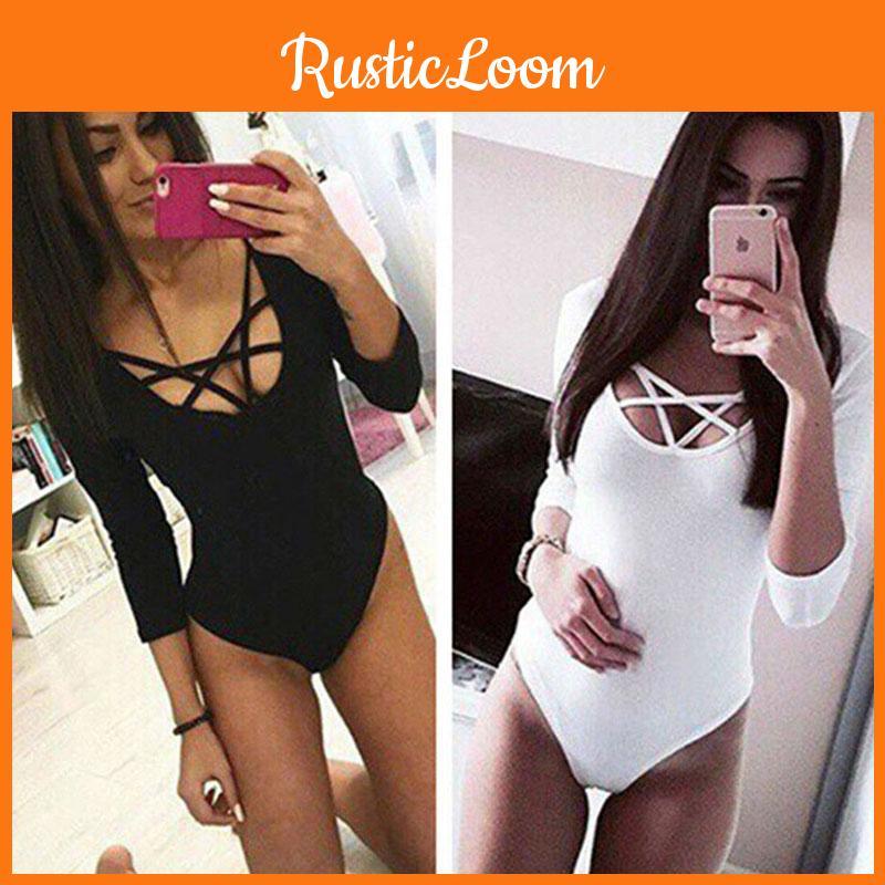 Женский боди с глубоким V-образным вырезом, длинными рукавами, однотонный, эластичный, топ-купальник