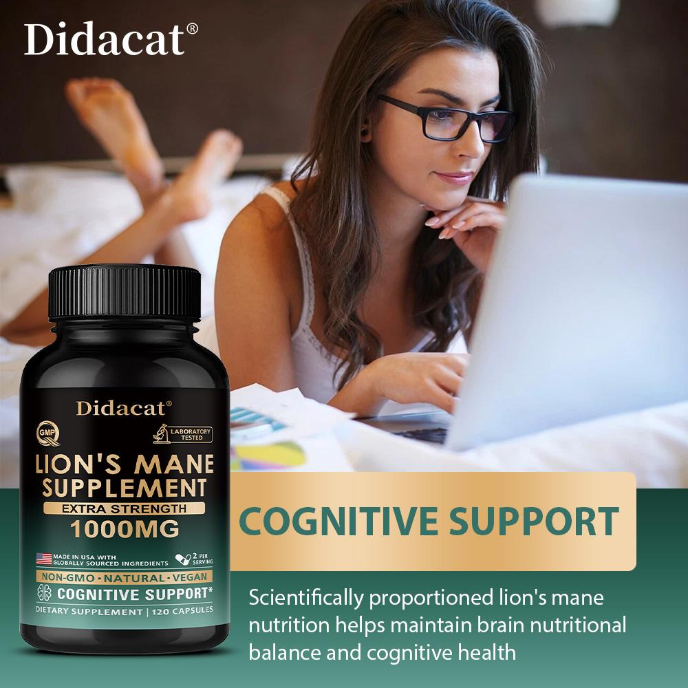 Didacat Lion's Mane Supplement 1000MG, Extra Strength 120 Capsules Mushroom Supplement for Cognitive Support