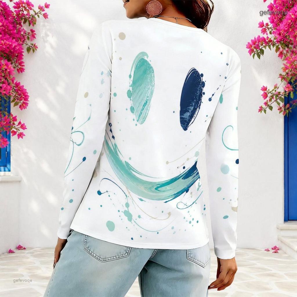 Women Plus Size V Neck Long Sleeve Abstract Plant Printed T Shirt