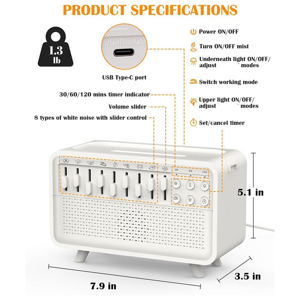 Диффузор Белого Шума Аромадиффузор для Воздуха Увлажнители 8 Режимов Белого Шума Регулируемый Встроенный Bluetooth-динамик и Ночник