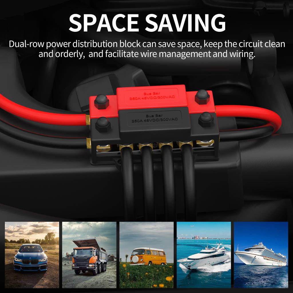 250A Dual Bus Bar 12V Dual Row Bus Bar Power Distribution Block 12 X 5/16" Terminal Studs Positive and Negative Battery Bus Bar