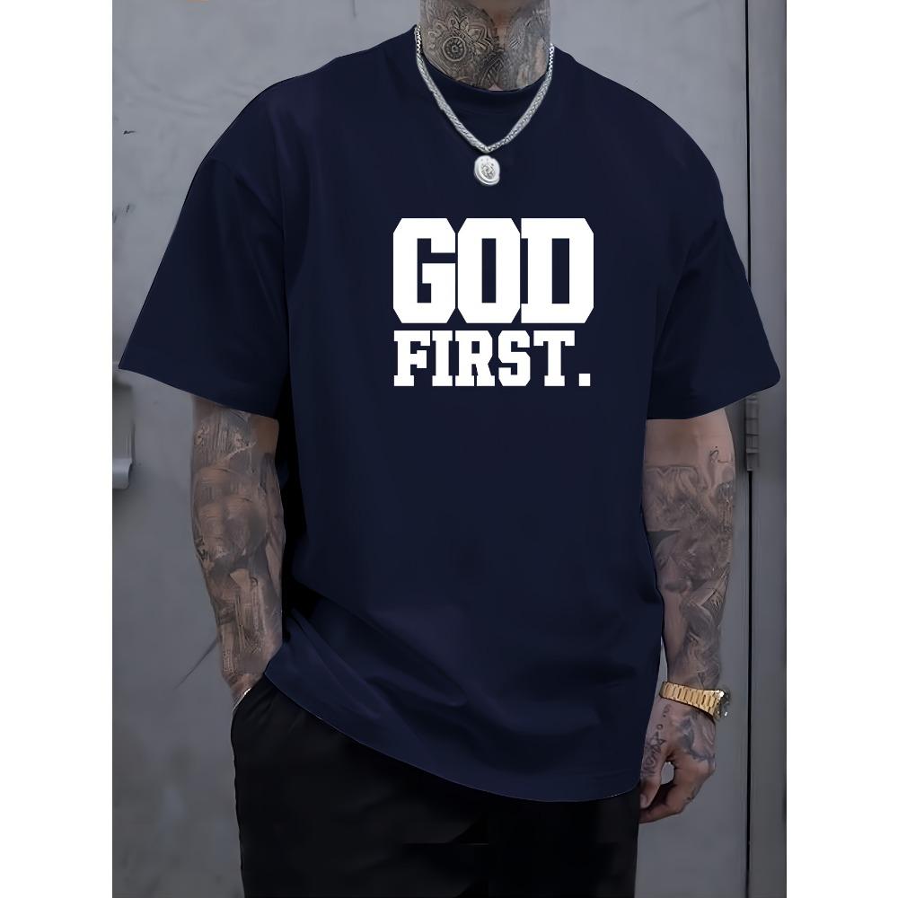 Летняя хлопковая модная повседневная мужская футболка с принтом букв GOD FIRST свободного кроя с круглым вырезом