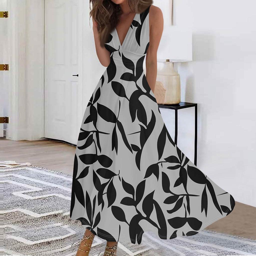 Женские модные повседневные свободные платья с V-образным вырезом без рукавов с принтом