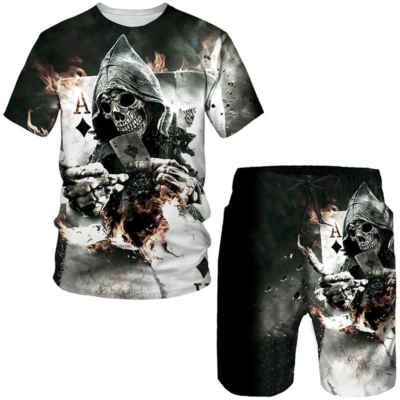 Новинка, футболка/костюм с 3D принтом готического черепа, летние мужские крутые футболки в стиле панк + шорты, индивидуальный спортивный костюм в стиле хип-хоп, уличная одежда