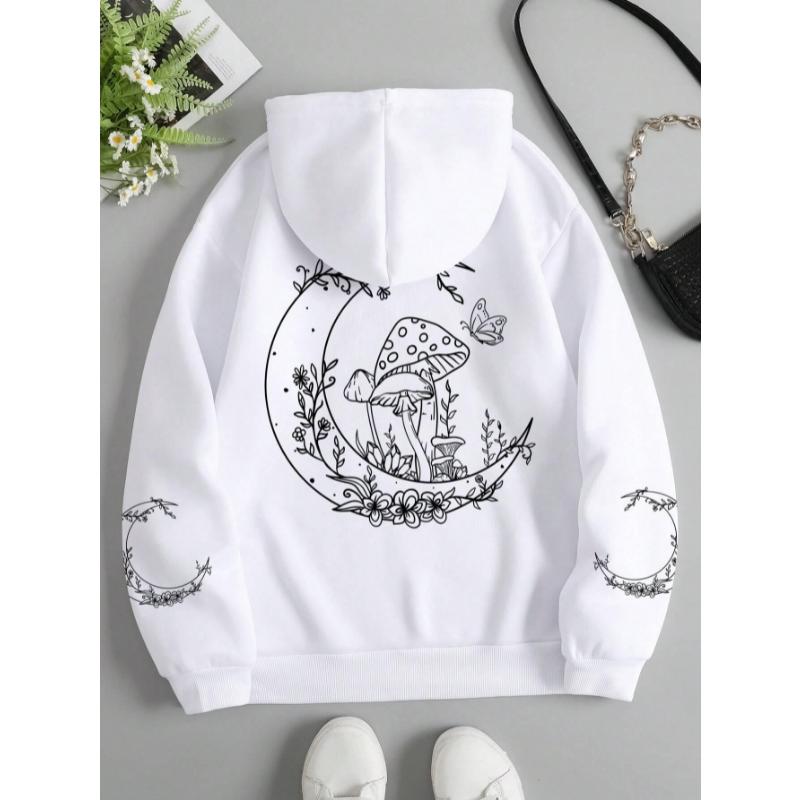 Грибы растут на Луне Смешная графика Женская толстовка с капюшоном Теплая флисовая толстовка Осенняя повседневная модная спортивная одежда большого размера с капюшоном